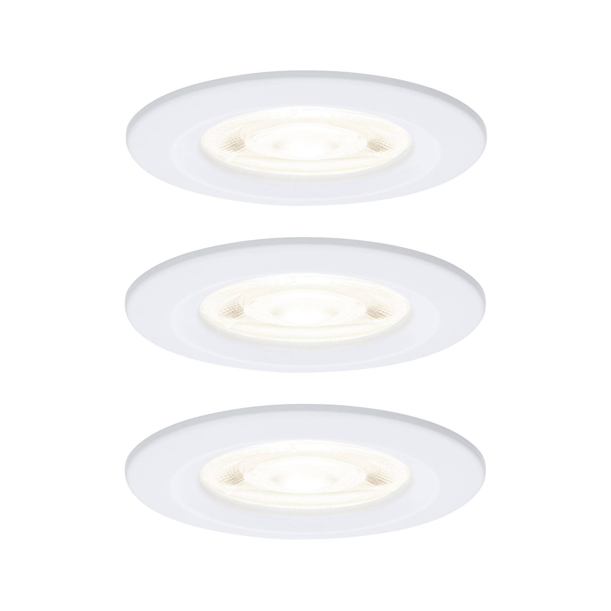 Trois luminaires de plafond blanc encastrés empilés verticalement sur un fond uni.
