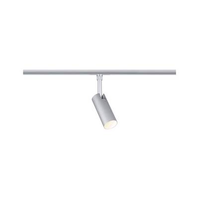 Un luminaire de voie sur rail en argent avec un projecteur orientable suspendu à une voie de plafond horizontale.