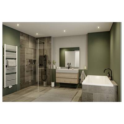 Salle de bain moderne avec douche à l'italienne, lavabo-vasque, miroir, baignoire îlot et sèche-serviettes aux tons verts et bois.