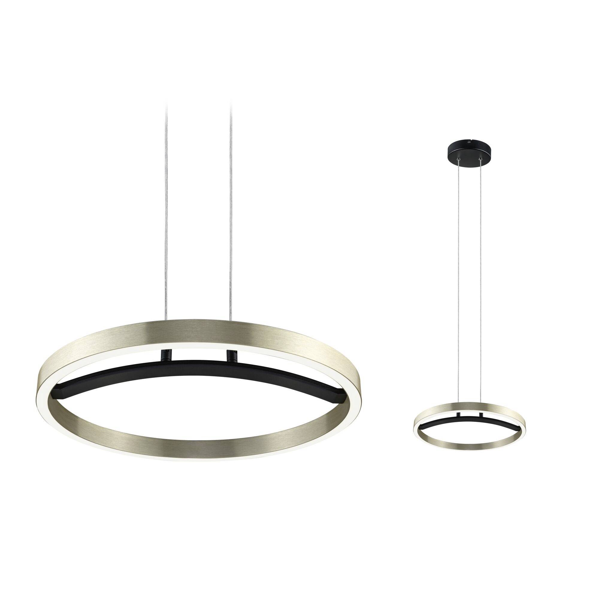 Luminaire suspendu circulaire moderne avec finition or brossé et bordure noire, présenté en versions grande et petite accrochées sur fond blanc.