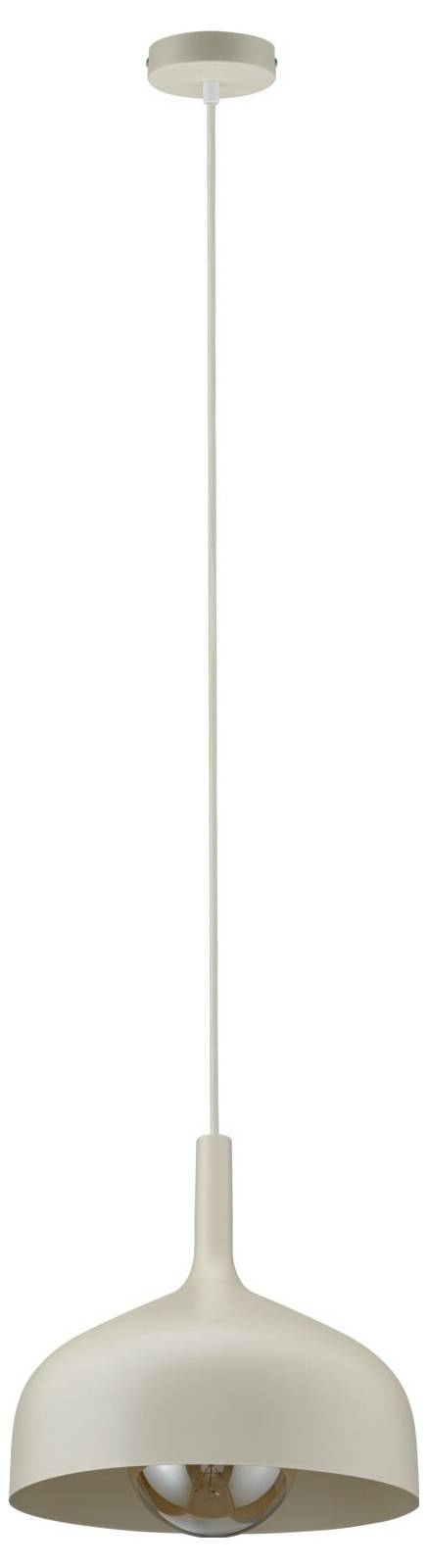 Luminaire suspendu beige avec un long cordon et un abat-jour arrondi en forme de dôme, présenté sur un fond blanc.