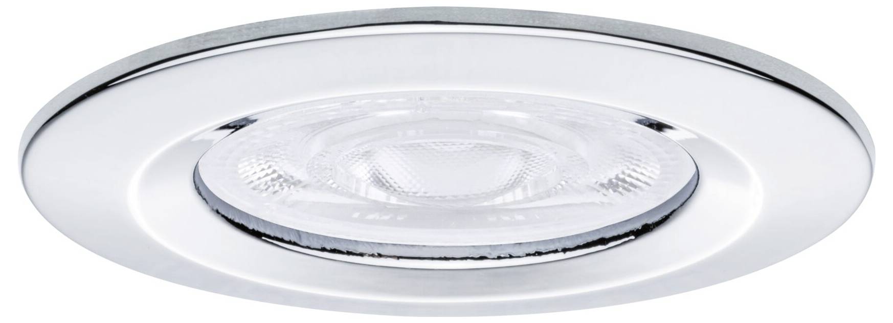 Luminaire encastré rond avec cadre blanc et lentille transparente, vu de dessous.