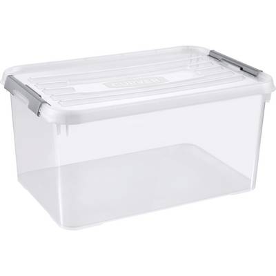 Bac de rangement en plastique transparent avec un couvercle blanc à encliquetage et des loquets gris sur les côtés.