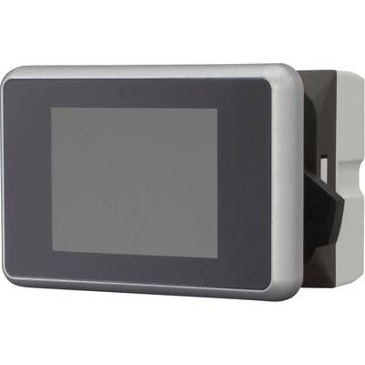 Un petit écran électronique rectangulaire ou panneau de commande avec un écran vierge, montré en vue de profil sur un fond blanc.