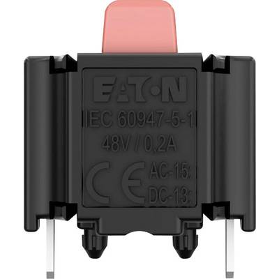 Module de commutation électrique noir avec actionneur rouge et bornes métalliques, étiqueté Eaton IEC 60947-5-1 48V 0,2A.