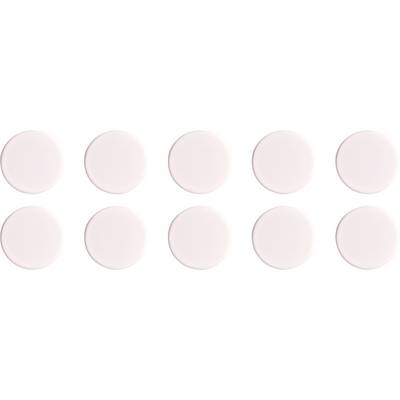 Dix comprimés ronds rose pâle arrangés en deux rangées de cinq sur un fond blanc.