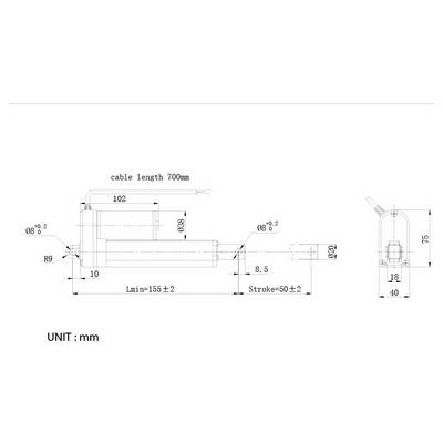 Dessin technique d'un actionneur linéaire, longueur de câble étiquetée 700 mm, avec des mesures en mm montrant Lmin 155±2, course 50±2, et les dimensions globales de largeur et de hauteur.