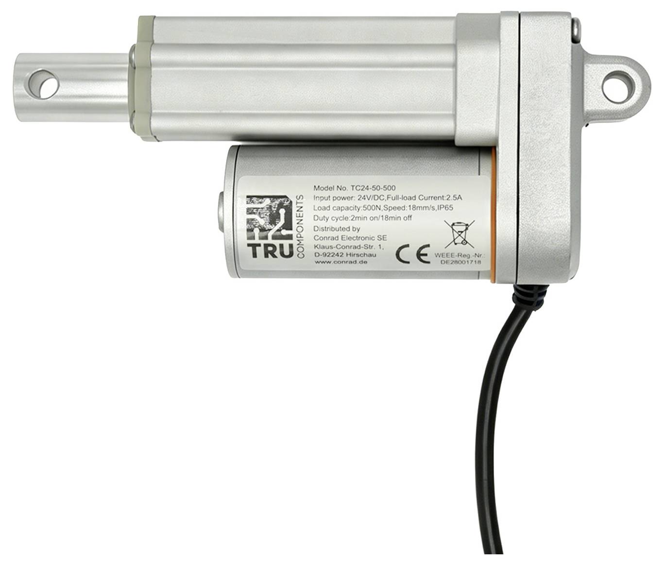 Actionneur linéaire électrique avec boîtier en métal argenté, supports de montage et câble d'alimentation attaché sur fond blanc.