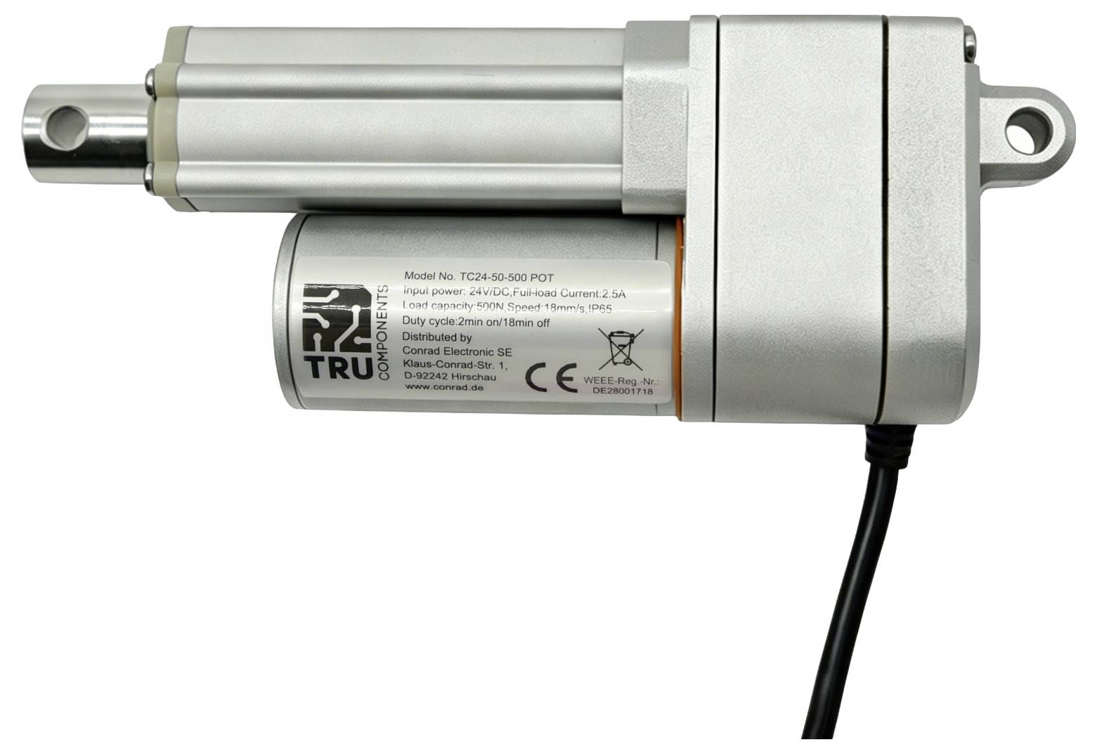 Actionneur linéaire électrique avec boîtier argenté, œillets de montage et câble d'alimentation attaché, présenté sur un fond blanc.