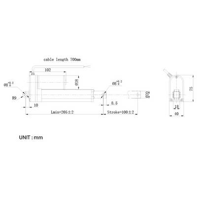 Dessin technique d'un actionneur linéaire avec dimensions en millimètres, montrant longueur de câble 700 mm, course 100±2, Lmin 205±2, et mesures de montage clés.