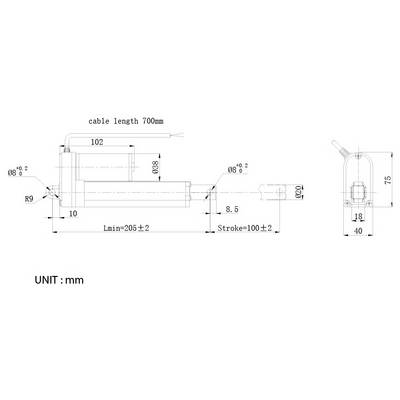 Dessin technique d'un actionneur linéaire, montrant une longueur de câble de 700 mm, une course de 100±2 mm, une longueur minimale de 205±2 mm, et l'unité en millimètres.