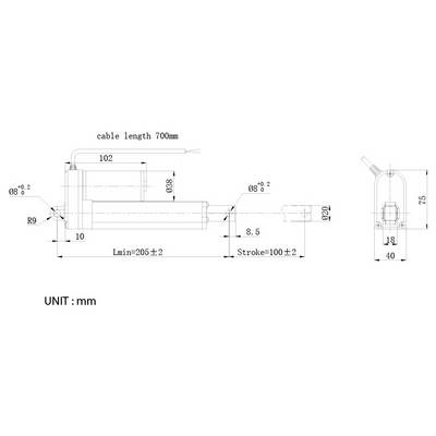 Dessin technique en traits d'un actionneur linéaire avec dimensions en millimètres, montrant la longueur du câble 700 mm, longueur minimale 205±2, course 100±2, et mesures en vue de bout.