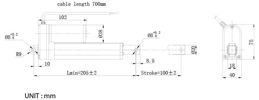 Dessin technique d'un actionneur cylindrique ou dispositif linéaire, montrant des vues latérales et frontales avec des dimensions en millimètres, longueur du câble 700 mm, course 100±2, et Lmin 205±2.