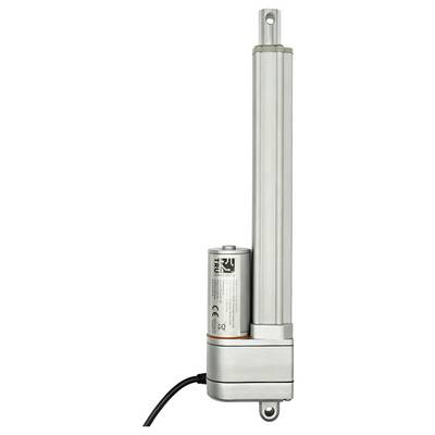 Actionneur linéaire électrique cylindrique avec un petit boîtier moteur et des supports de montage, présenté verticalement avec un câble d'alimentation attaché.