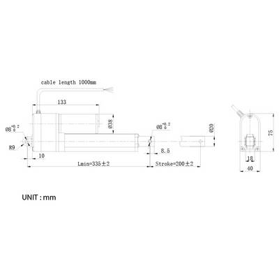Dessin technique de dimension d'un actionneur linéaire avec longueur de câble 1000 mm, montrant les vues latérales et de bout, les dimensions principales, course 200±2 mm, et unités en millimètres.