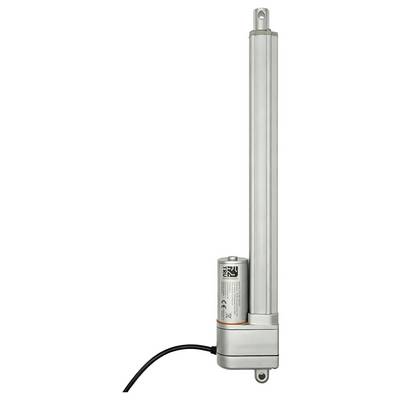 Actionneur linéaire électrique compact avec moteur intégré et câble d'alimentation, présenté verticalement sur un fond blanc.