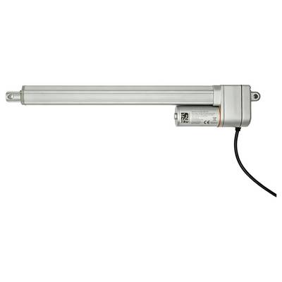 Actionneur linéaire électrique avec tige de piston argentée allongée et câble d'alimentation noir attaché sur un fond blanc.