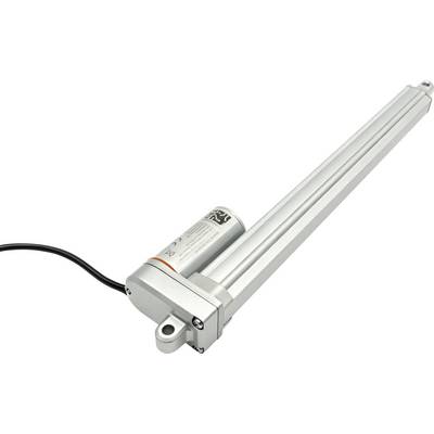 Actionneur linéaire électrique argenté avec câble d'alimentation attaché, montré isolé sur fond blanc.