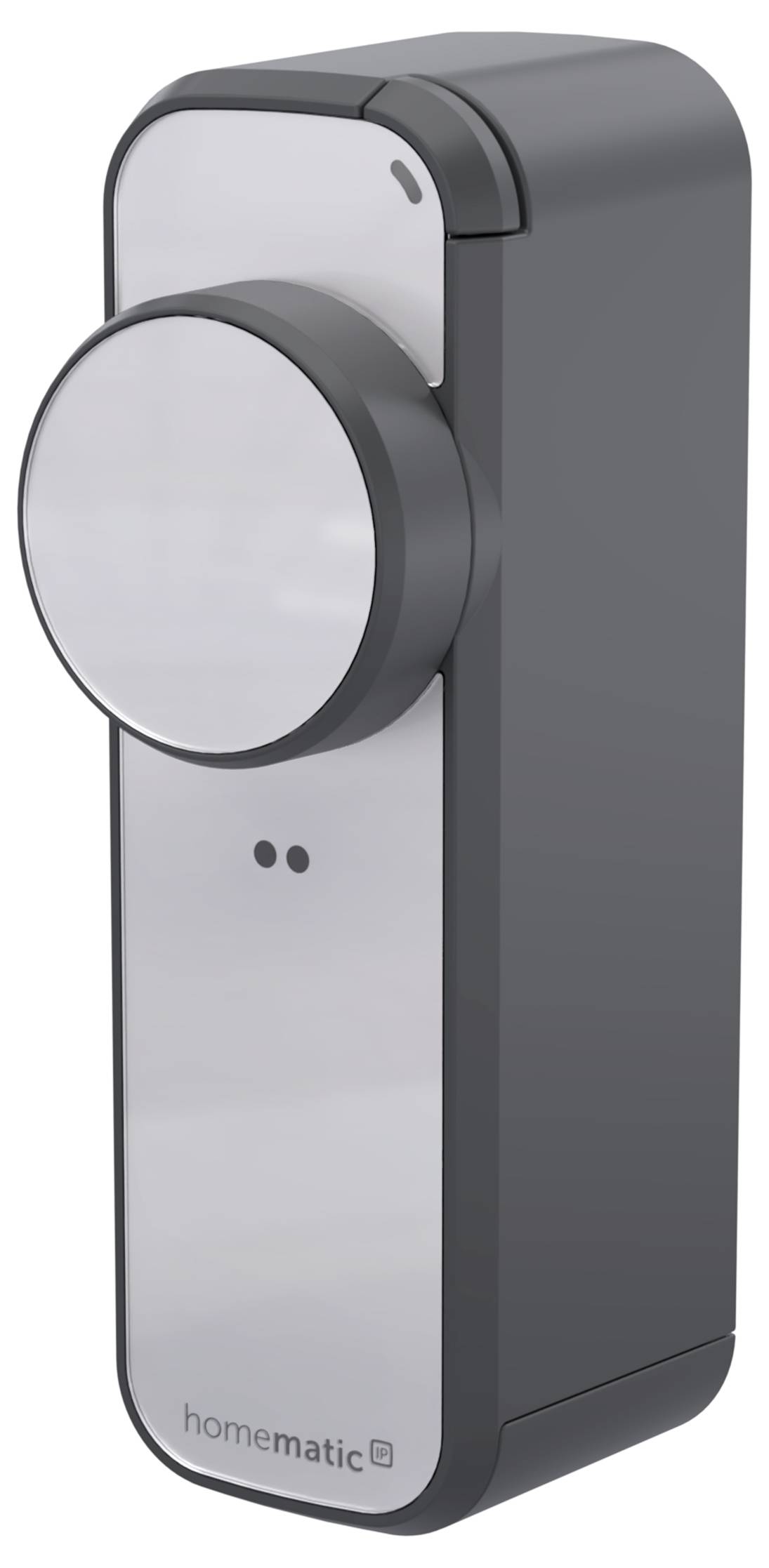 Un appareil de contrôle domotique gris montable au mur avec un grand bouton central rond et le logo Homematic en bas.