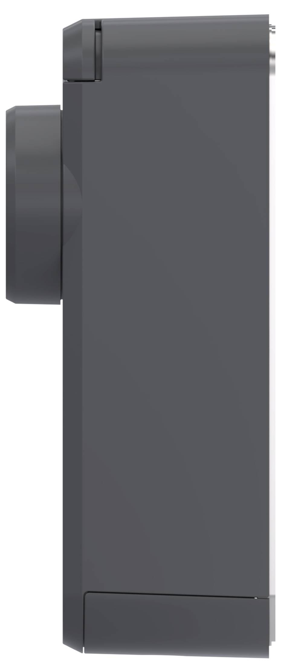 Vue latérale d'un appareil ou d'un dispositif rectangulaire gris foncé avec une fixation cylindrique proéminente sur la gauche, présenté sur un fond blanc uni.