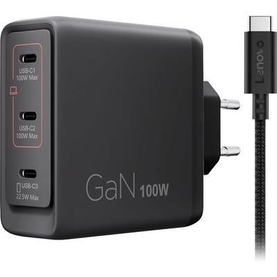Chargeur mural GaN noir 100W avec trois ports USB-C étiquetés USB-C1 et USB-C2 100W max et USB-C3 22,5W max, montré avec câble