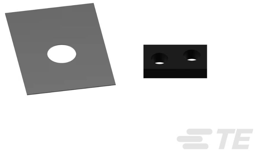 Deux pièces de connecteur métallique sont présentées : une plaque grise angulée avec un trou central et une pièce rectangulaire noire avec deux trous, sur un fond blanc avec un logo TE.