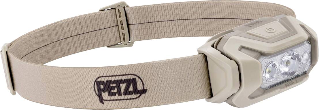 Lampe frontale Petzl beige avec sangle élastique ajustable et lumières LED frontales, présentée sur un fond blanc.