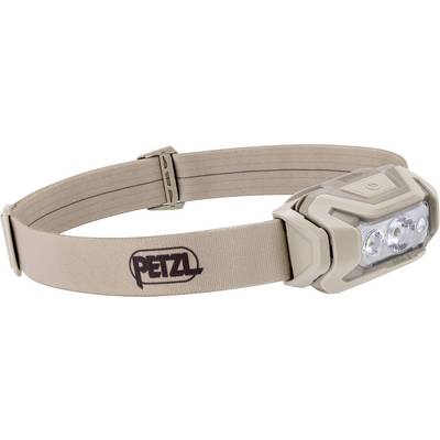 Lampe frontale Petzl beige avec sangle élastique ajustable et lumières LED frontales, présentée sur un fond blanc.