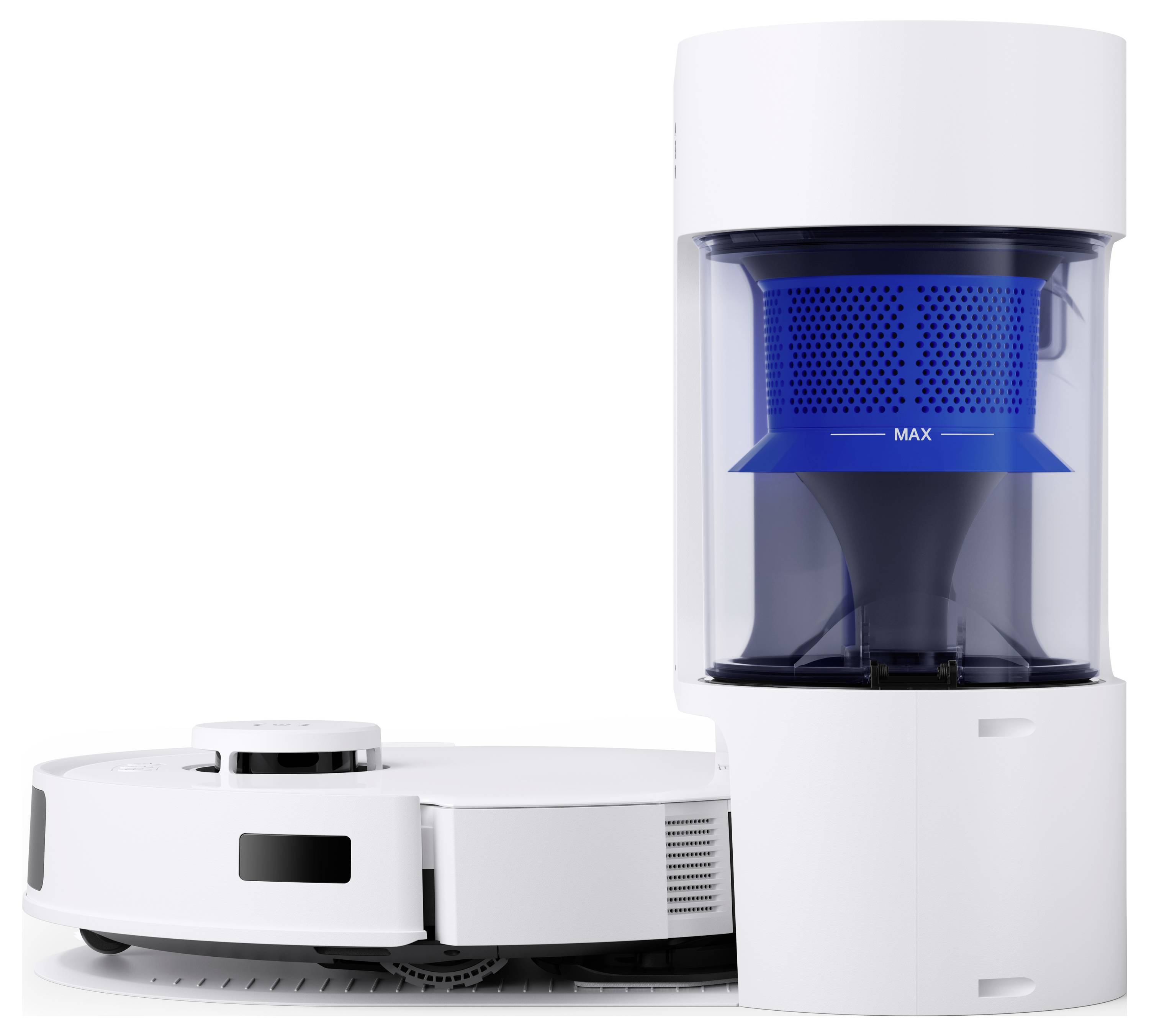Aspirateur robotique blanc avec station d'auto-vidage et bac à poussière transparent affichant une ligne de remplissage « MAX » bleue et une chambre de filtre
