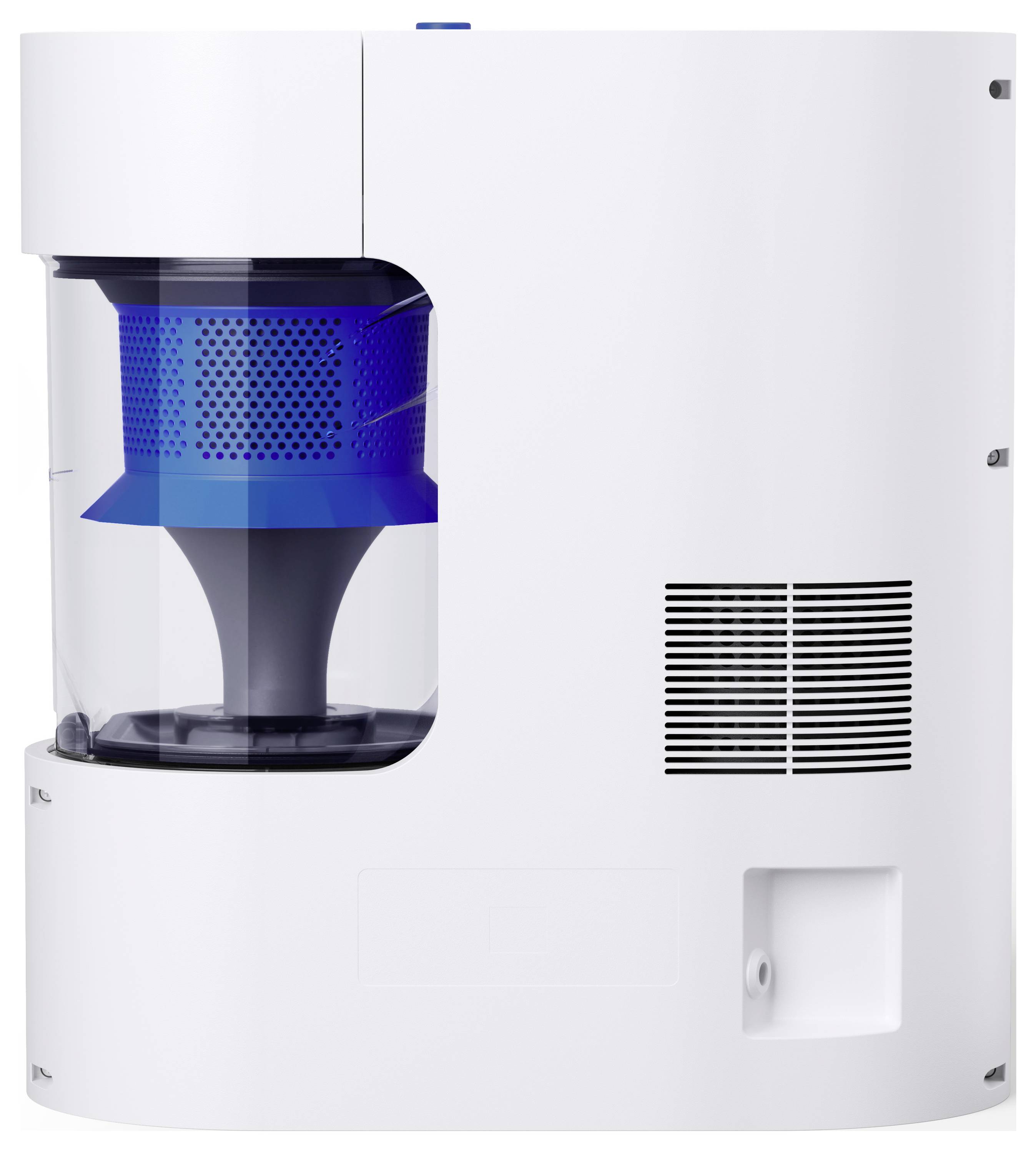 Machine de laboratoire cylindrique blanche avec une chambre transparente et un composant interne bleu, présentant un dispositif industriel compact.