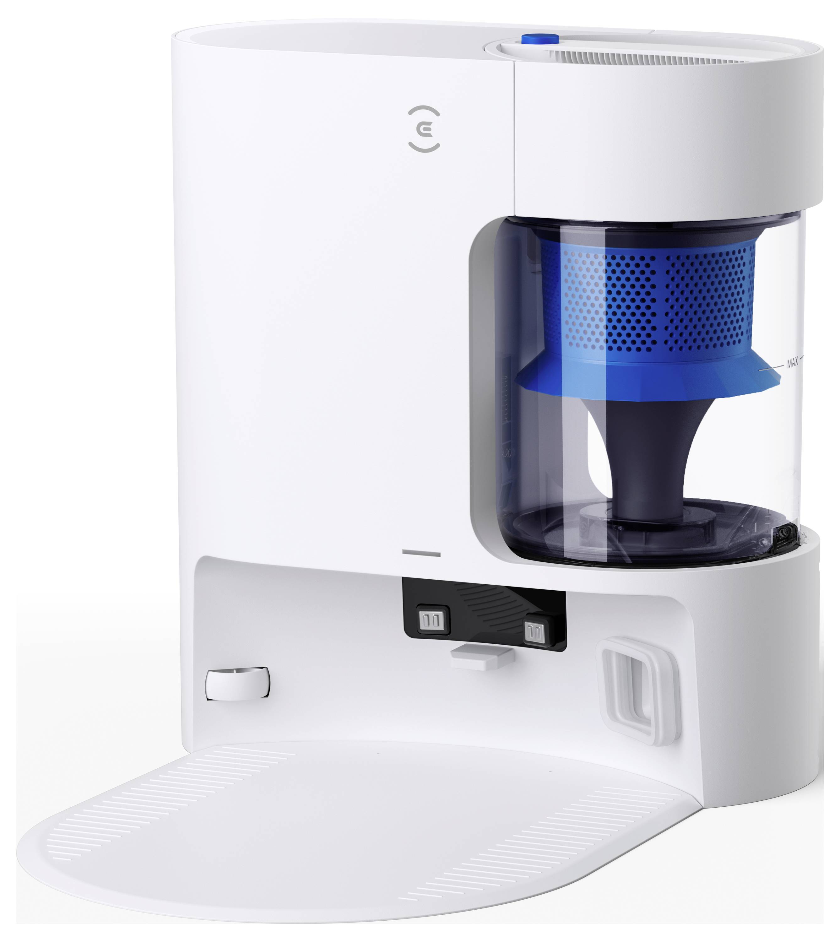 Distributeur automatique pour animaux de compagnie blanc avec chambre de stockage transparente et plateau de récipient dispensant la nourriture dans un bol intégré.