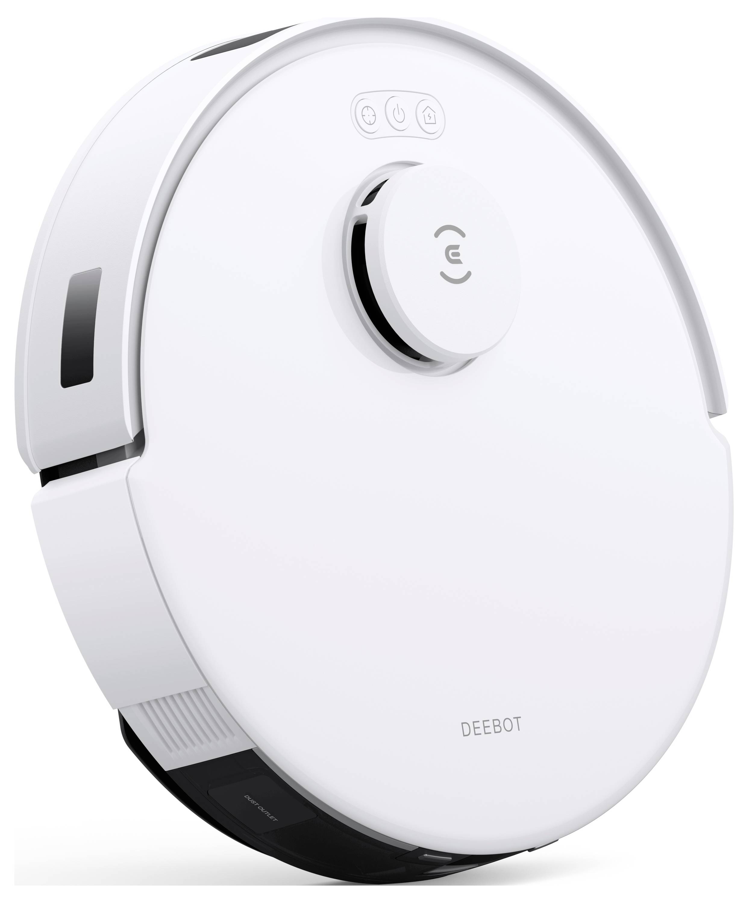 Aspirateur robot DEEBOT blanc avec corps rond et capteur monté sur le dessus, présenté sur un fond uni.