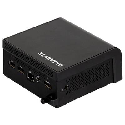 Boîtier mini PC GIGABYTE noir présenté en vue trois-quarts, avec ports USB et audio frontaux visibles.