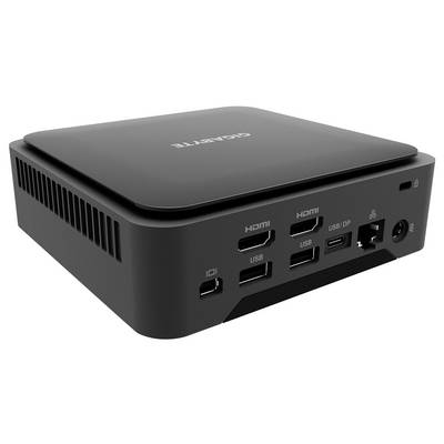 Mini PC noir compact affichant les ports avant et latéraux, incluant deux HDMI, deux USB, USB-C/DisplayPort, Ethernet et prise audio.