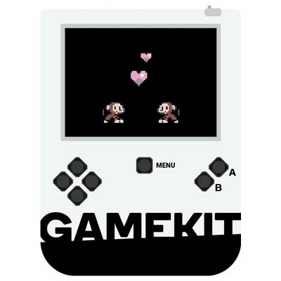 Illustration d'une console portable de style Game Boy intitulée « GAMEKIT » avec deux singes en pixels se faisant face sous des cœurs roses flottants sur l'écran.