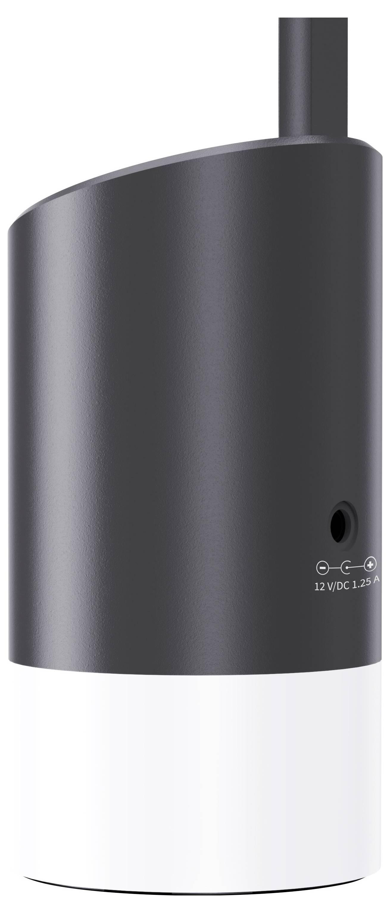 Appareil cylindrique noir et blanc avec une section supérieure verticale et un petit port d'alimentation latéral étiqueté « 12V CC 1,25A ».
