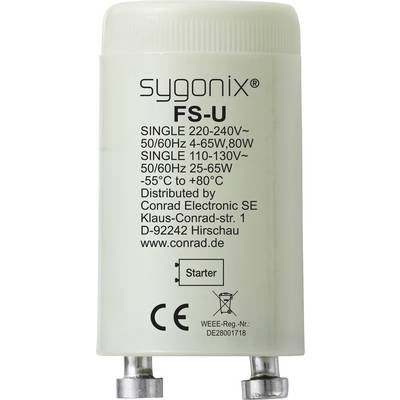 Starter de lampe fluorescente Sygonix FS-U, étiqueté 220-240V/50-60Hz et 110-130V/50-60Hz, avec marquages CE et WEEE.