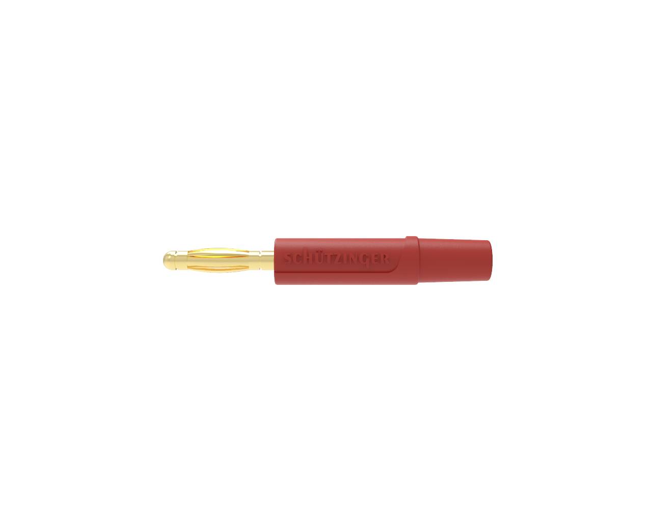 Connecteur électrique isolé rouge avec broche dorée transparente sur fond blanc.
