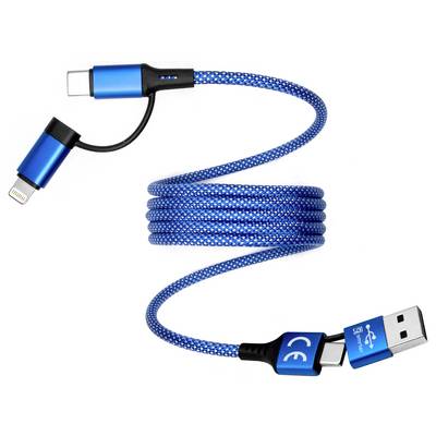 Câble de charge tressé bleu 3-en-1 avec connecteurs USB-A, USB-C et Lightning sur un fond blanc.