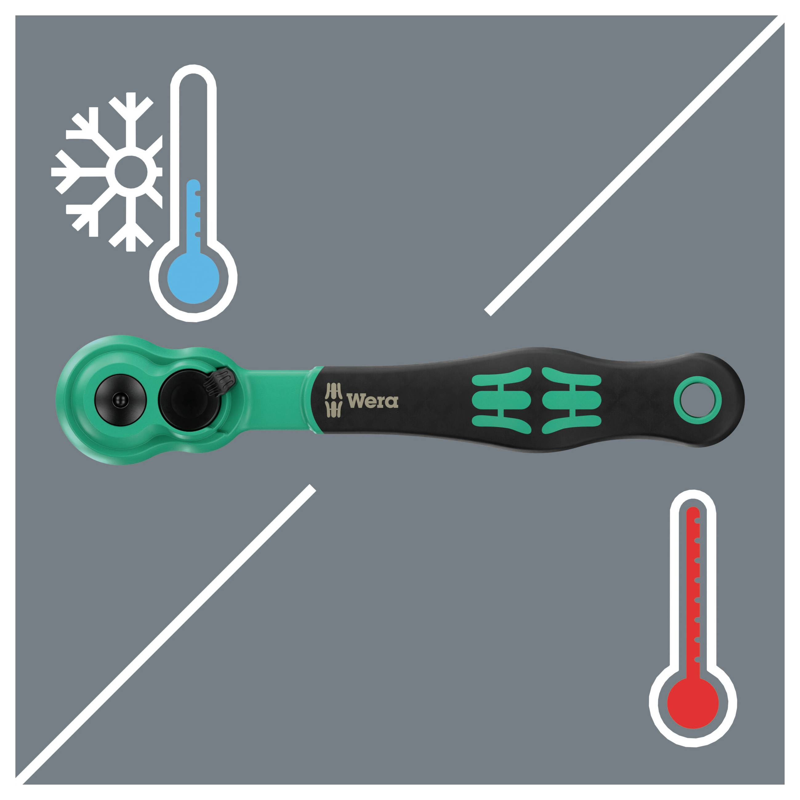 Illustration d'un tournevis à cliquet Wera sur un fond gris avec des icônes de flocon de neige et de thermomètre, suggérant une utilisation par temps froid.