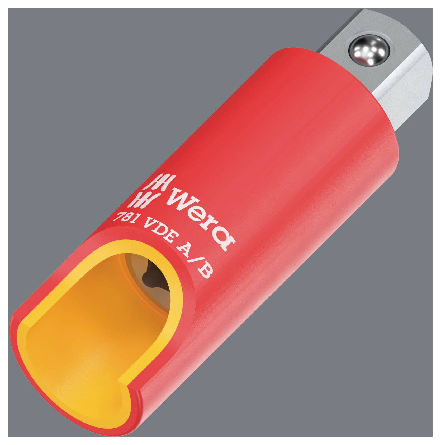 Manche d'outil en plastique rouge avec une extrémité de tige en métal et une ouverture jaune, étiqueté « Wera 781 VDE A/B ».