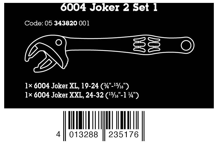 Étiquette de produit pour « 6004 Joker 2 Set 1 » montrant une illustration de clé à molette ajustable, code 05 343820 001, plage de tailles 19-24 et 24-32, avec code-barres.