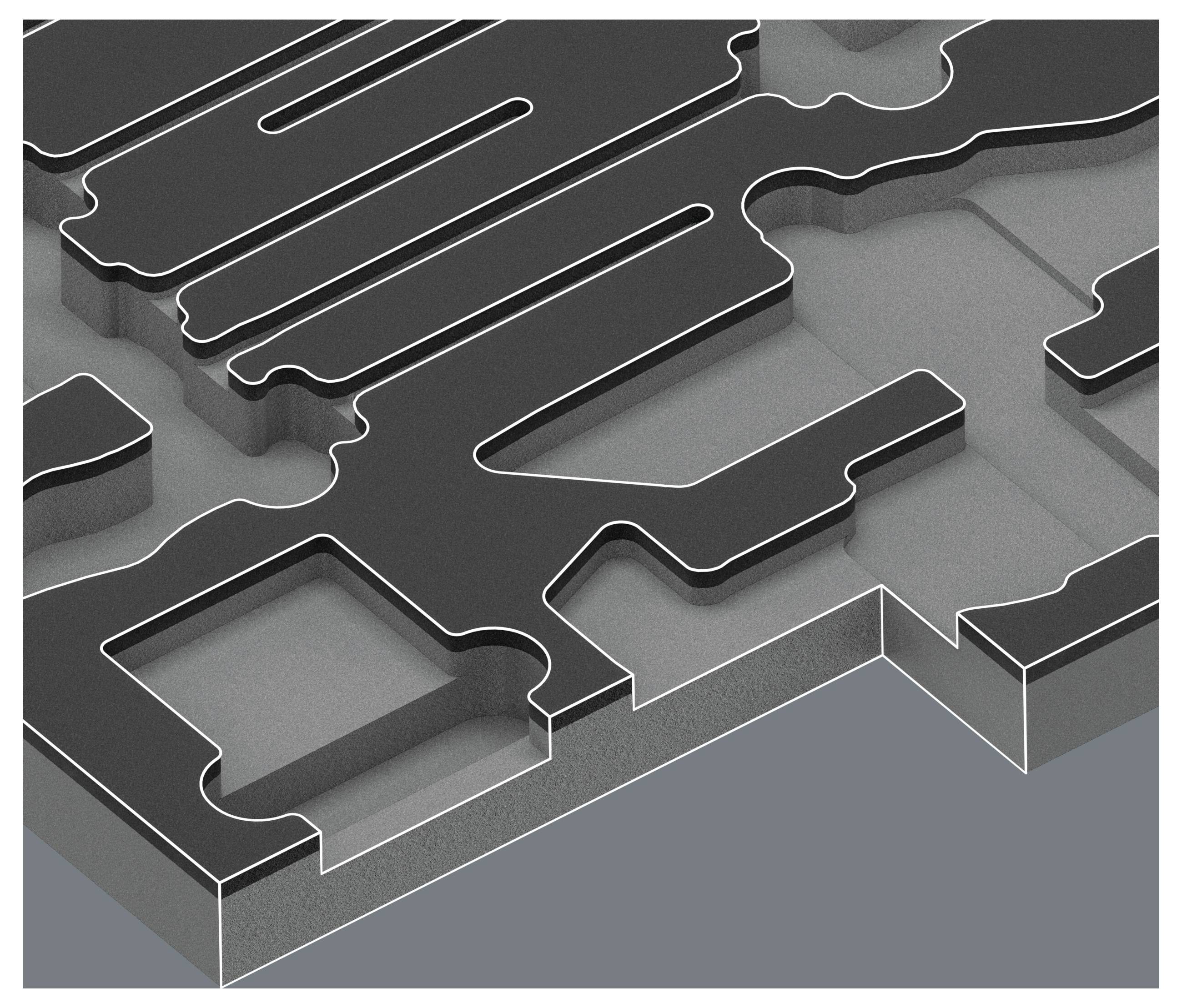 Surface de pièce de puzzle 3D abstraite en tons de gris avec des formes de découpe imbriquées et des bords noirs surélevés.