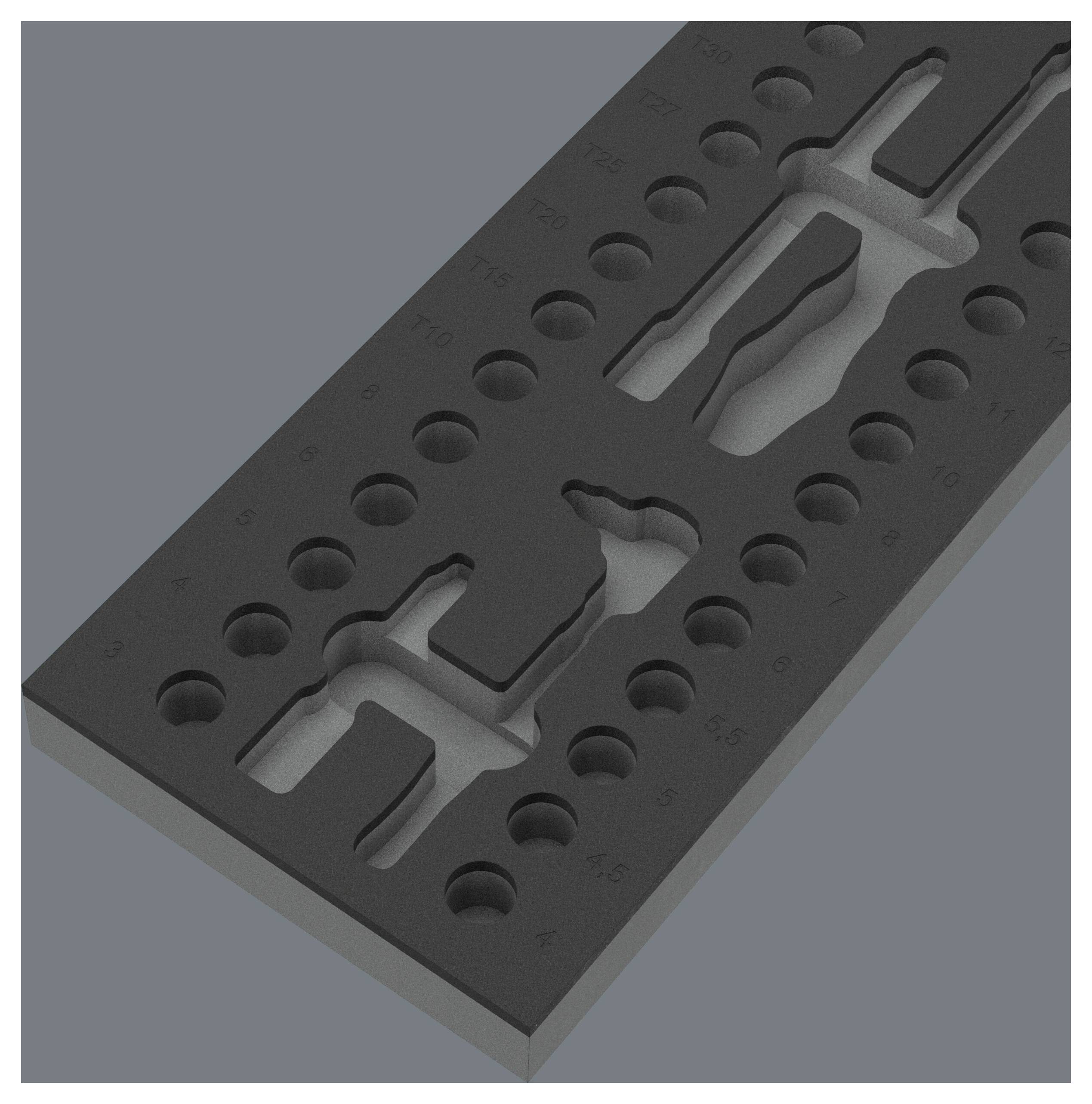 Mousse moulée noire avec découpes pour pièces en forme d'outils ou de pistolets, présentée en diagonal sur un fond gris.
