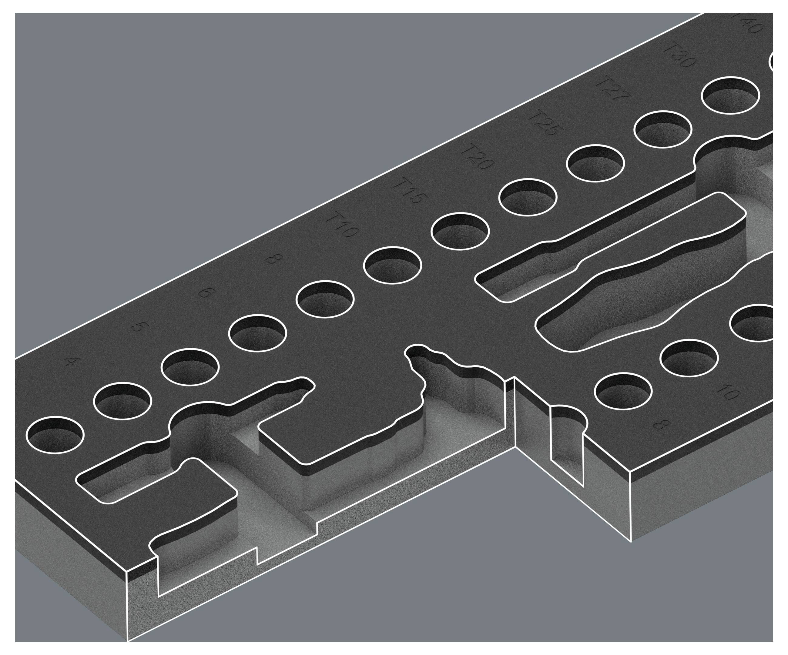 Plaque modèle en métal 3D avec trous circulaires et fentes de découpe, vue en perspective sur fond gris.