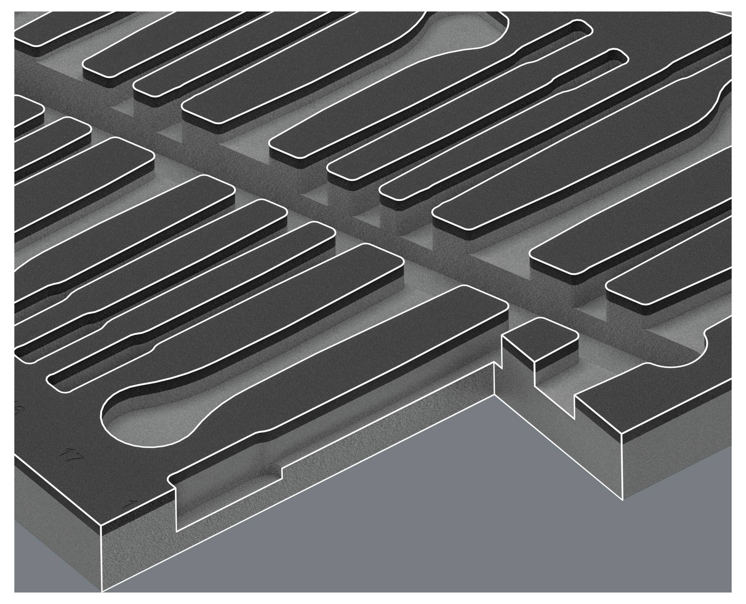 Diagramme technique 3D d'un moule en métal ou plastique stratifié comportant de longs canaux parallèles et une cavité rectangulaire encastrée