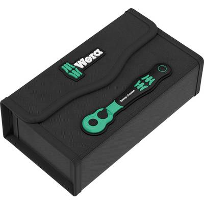 Mallette à outils Wera noire avec une clé à cliquet verte et noire exposée sur le dessus.