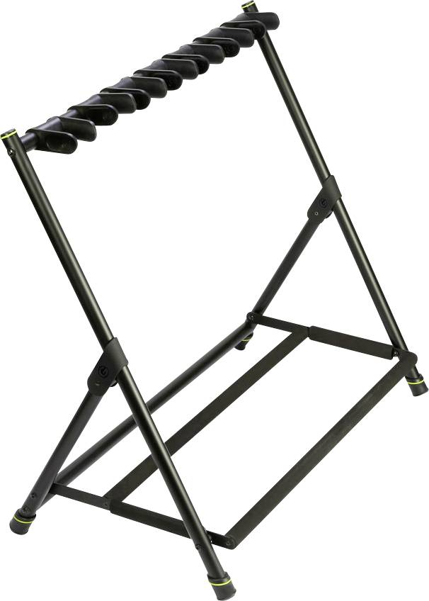 Support de guitare en métal noir avec supports supérieurs rembourrés et une base triangulaire pliable sur fond blanc.