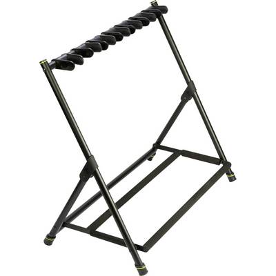 Support de guitare en métal noir avec supports supérieurs rembourrés et une base triangulaire pliable sur fond blanc.