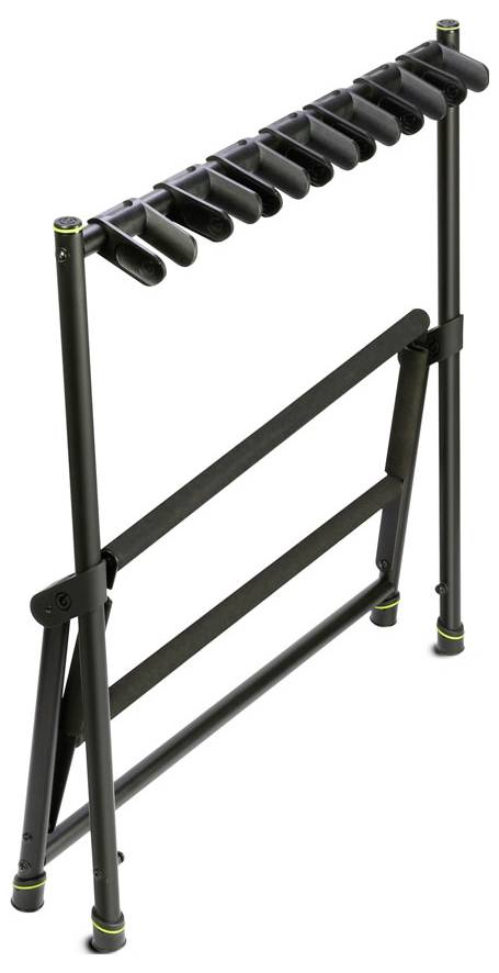 Présentoir de guitare pliable en métal noir avec plusieurs emplacements rembourrés et barres de support inférieure, présenté sur un fond blanc.